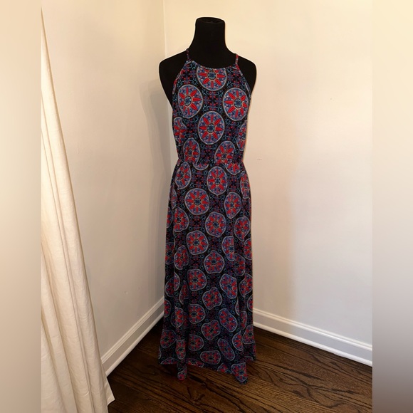 French Grey Red and Blue Geometric Maxi Dress - Picture 2 of 4